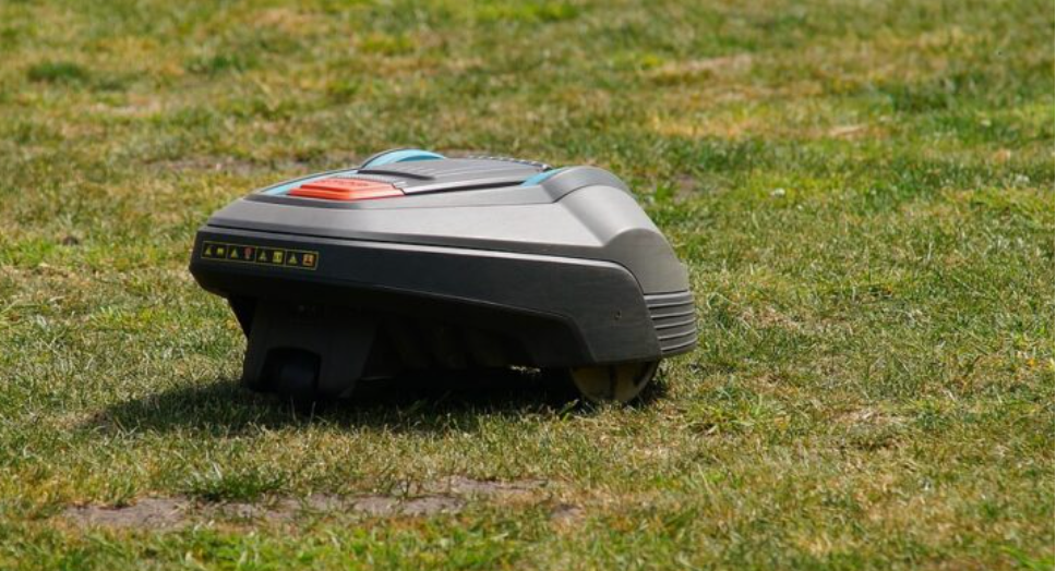 small robotic lawn mower on green grass