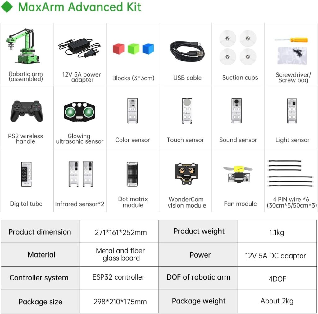 AI Vision Robotic Arm Kit, MaxArm ESP32 Open Source WiFi Bluetooth Connect Smart Robot Arm with Sensor PS2 Wireless Controllers, Python  Arduino Programming Science Education, Advanced Kit