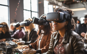 students in classroom wearing vr goggles while studying STEM