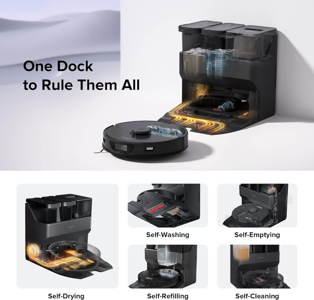 roborock S7 Max Ultra Robot Vacuum and Mop Combo, Auto Mop Drying/ Washing, Self-Emptying, Self-Refilling, 5500Pa Suction, Reactive Tech Obstacle Avoidance, Black (RockDock Ultra Series)