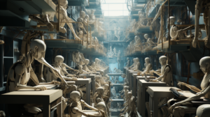 A view of a companion robot repair center, fill shelves filled with robots in various states of disrepair