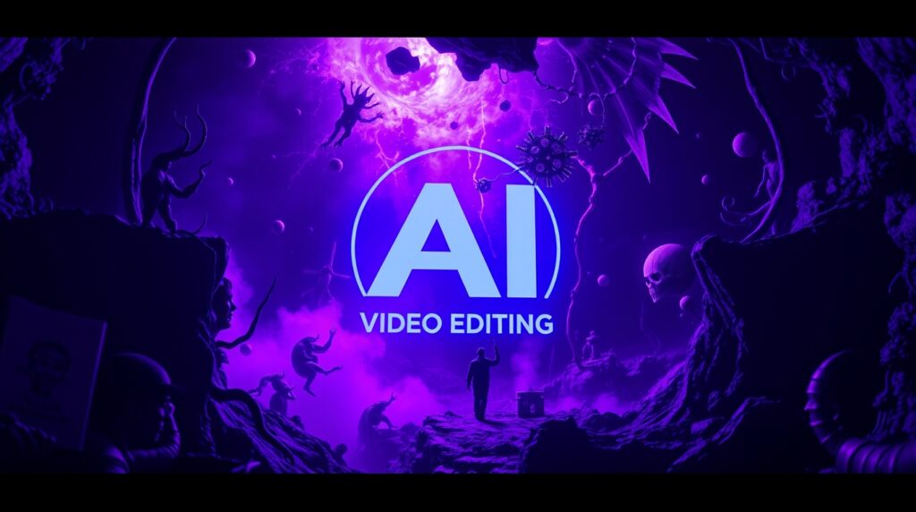 A surreal and dreamlike image featuring the AI Video Editing logo in deep ultraviolet hues emphasizing fantastical elements and bizarre scenes with high contrast