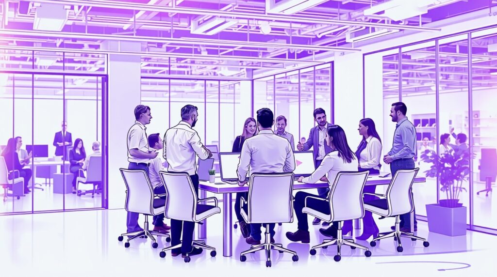 A high resolution stock photo depicting teamwork and collaboration in a modern office setting. The sketch style image uses white and purple overlaid with iridescent