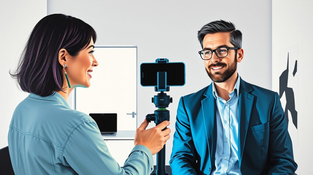 An acrylic painting stylized as a blend of photorealism and illustration portrays two forty something business owners in a minimalist video office. One films the other using a smart